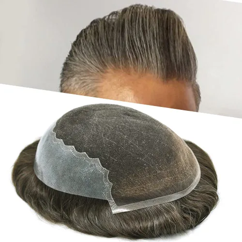 Miniatura 19 de Tupé para hombres 100% europeos unidades de cabello humano francés sistema de cabello de encaje con nudos blanqueados, línea capilar natural para #5