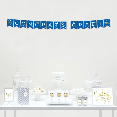 Andaz Press Colección de fiesta de graduación azul real y dorado, banderín colgante con cuerda, Congrats Grad!, 5 pies, 1 juego