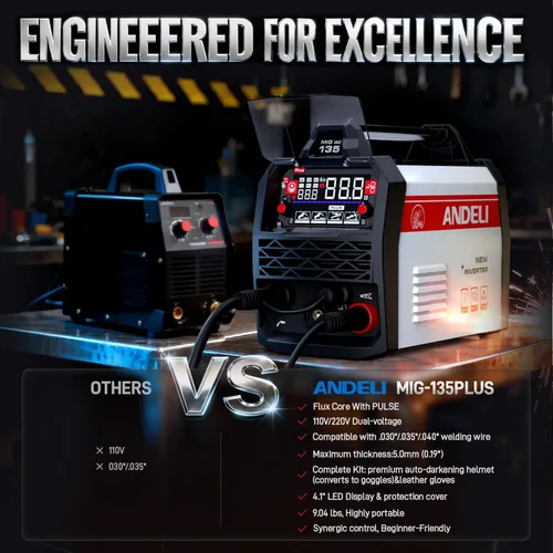 Miniatura 3 de ANDELI Soldador MIG 135A 110V/220V, PULSE Flux Core MIG/Lift Tig/Stick Máquina de soldadura MIG sin gas 3 en 1 con sinergia, pantalla LED grande
