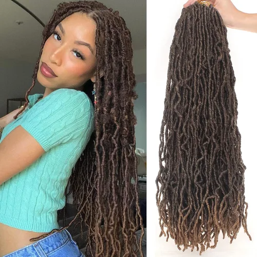 Miniatura 16 de Leeven - 6 paquetes de 21 mechones de cabello largo trenzado para mujer, trenzas de ganchillo sintético de cabello rizado desordenado estilo Rastas