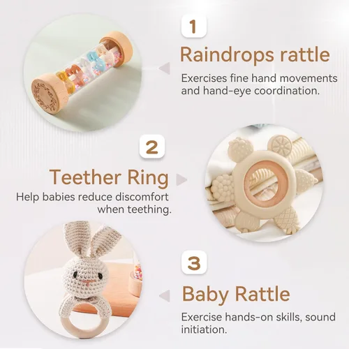 Miniatura 3 de Youuys Juego de sonajeros de madera para bebés (3 piezas) – Sonajero de ganchillo, juguete Montessori de madera para bebé recién nacido, sonajeros