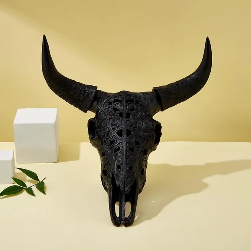 Miniatura 7 de OTARTU Escultura para colgar en la pared, diseño tribal negro, diseño tallado con calavera de buey de 19 pulgadas, arte de decoración de pared