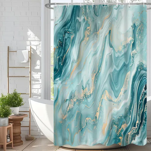 Miniatura 75 de Cortina de ducha abstracta de mármol negro gris y dorado con grietas, cortina de baño moderna ombre impresa, cortina impermeable y lavable de tela