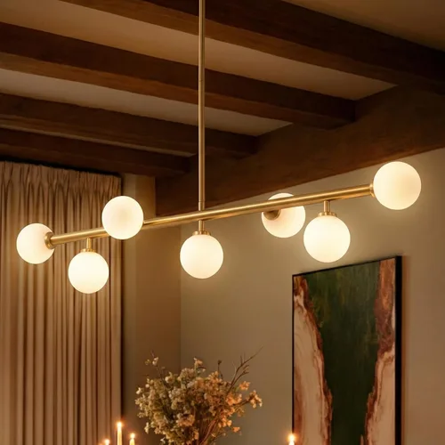 Miniatura 2 de Candelabro de mediados de siglo, lámpara colgante Sputnik de latón dorado con pantalla de lámpara de vidrio blanco, Candelabros lineales de globo