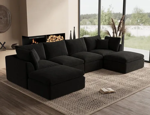 Miniatura 49 de ohllob Sofás seccionales Cloud de 110 pulgadas para sala de estar, sofá deshuesado en forma de L con otomana, sofá modular de 3 plazas, color negro