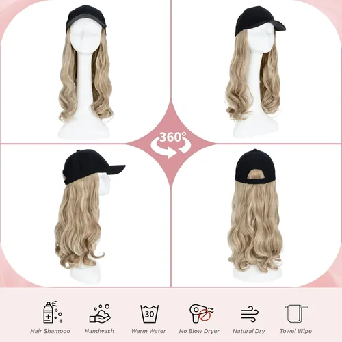 Miniatura 5 de SEGO - Peluca de gorra con pelo adjunto para mujer, gorra negra de béisbol con extensiones de pelo, gorra de béisbol larga y ondulada con ajuste