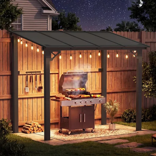 Miniatura 8 de Aoxun Pérgola de 8 x 5 pies para patio, cenador con techo inclinado, pérgola para parrilla grande montada en la pared, toldos resistentes