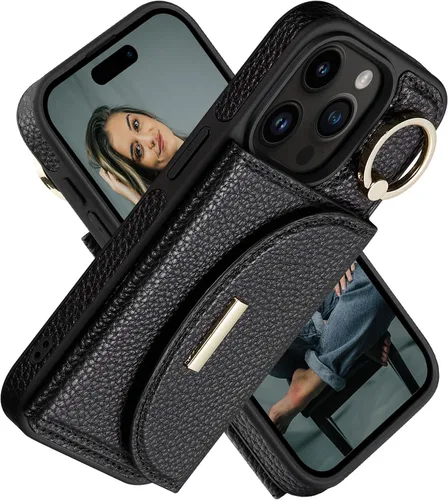 Funda tipo cartera para iPhone 15 Pro de 6.1'', funda plegable con ranuras para tarjetas, soporte con anillo y atril, cubierta protectora tipo folio