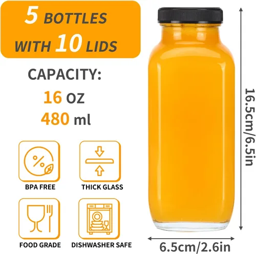 Miniatura 2 de CUCUMI 5 botellas de jugo de vidrio de 16 onzas con tapas, recipientes reutilizables para jugo, tarros de agua con cepillo, popotes de vidrio, tapas