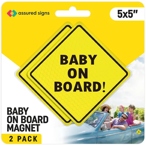 Letrero magnético para automóvil de bebé a bordo, paquete de 2, 5 x 5 pulgadas, adhesivo magnético esencial para parachoques, amarillo brillante y