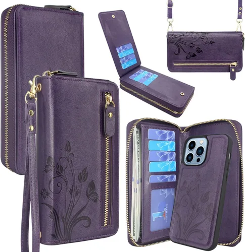 Compatible con iPhone 13 Pro Max de 6.7 pulgadas 2021, cadena cruzada con doble cremallera, desmontable, magnética, de piel, para muñeca, 13 ranuras