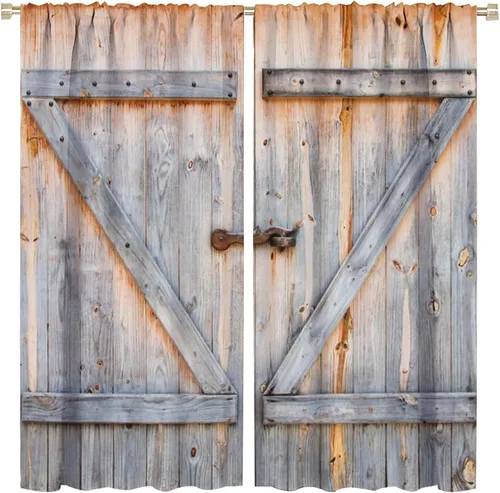 Cortinas rústicas de madera para puerta de granero, color retro, decoración rural para dormitorio, sala de estar, bolsillo para barra, 2 paneles de