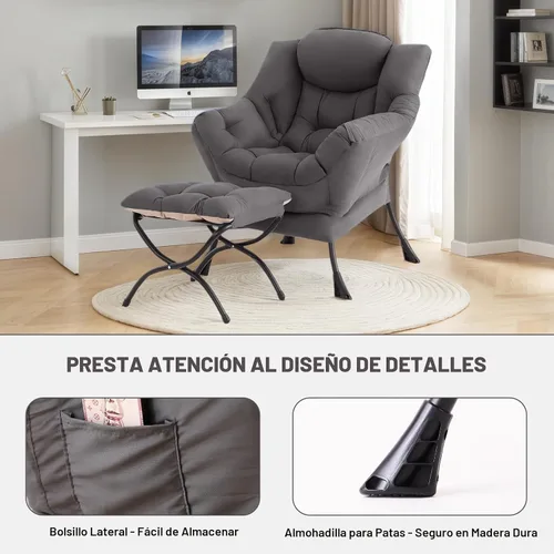 Miniatura 5 de Tiita - Silla perezosa con otomana, moderna y grande, sillón de ocio con otomana, silla de sofá con reposapiés para recámara, sala de estar, Gris