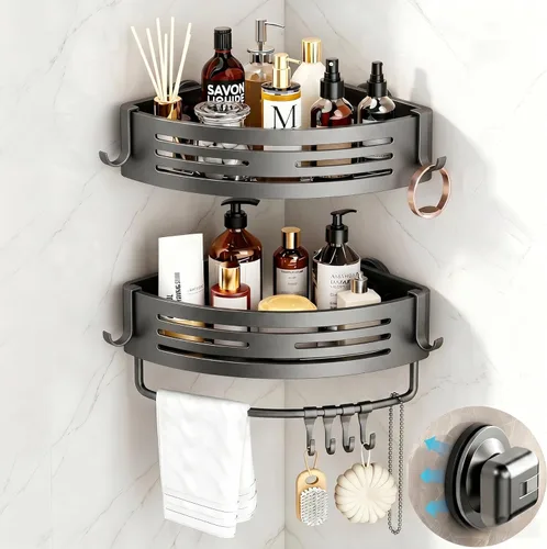 Miniatura 10 de Ventosa para regadera, paquete de 2 estantes cuadrados de ducha sin perforación, aleación de aluminio, extraíble, regaderas de succión para baño