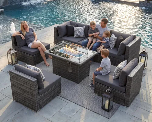 Miniatura 21 de BULEXYARD Juego de 7 piezas de sofá seccional para exteriores con respaldo alto, mesa para fogatas, juego de muebles de patio de mimbre resistente a