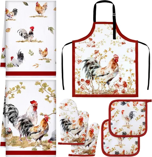 Miniatura 7 de Bencailor Juego de ropa de cocina de girasol de 7 piezas, incluye delantal, 2 toallas, guante de horno, 2 soportes para ollas, núcleo de cabaña