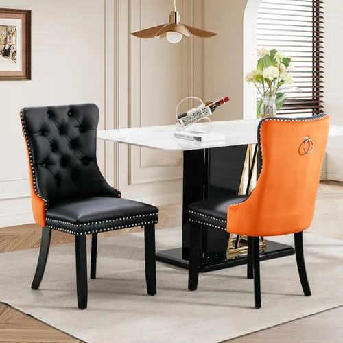 Miniatura 55 de Juego de 2 sillas de comedor tapizadas de tela de lino, sillas de cocina modernas de mediados de siglo con respaldo alto, ribete de cabeza de clavo