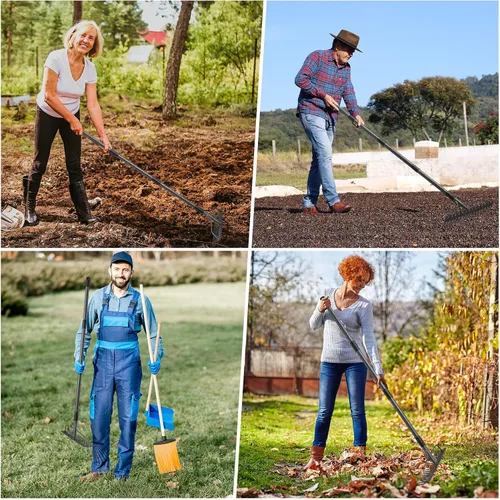 Miniatura 5 de Rastrillo de jardín resistente de 49 pulgadas con mango de acero inoxidable, rastrillo de cabeza de metal para aflojar el suelo, recoger la tierra