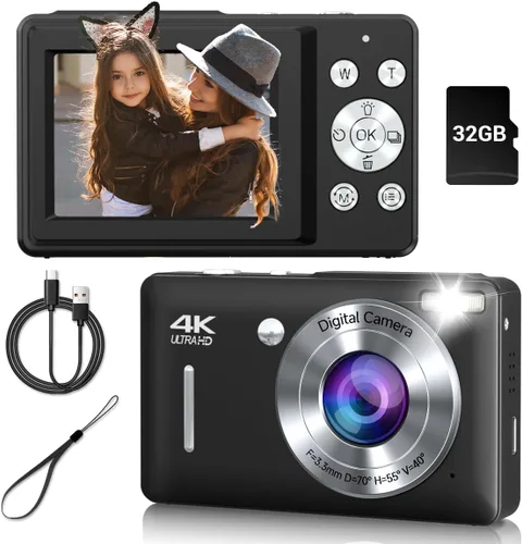 Cámara digital, cámara compacta de 44 MP, cámaras digitales FHD 1080P para apuntar y disparar con zoom de 16X, detección facial, captura de Negro