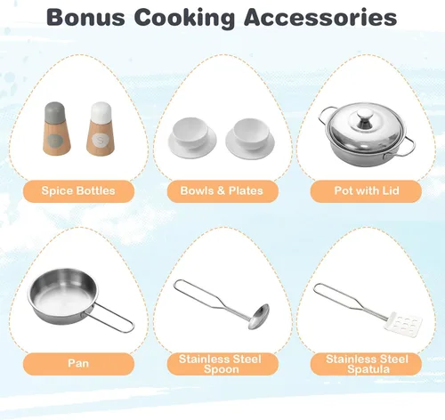 Miniatura 6 de HONEY JOY Juego de cocina para niños, cocina de doble cara para niños pequeños y restaurantes, utensilios de cocina, microondas, fregadero, gabinete