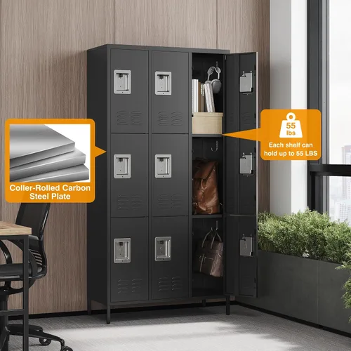 Miniatura 6 de STANI Taquillas de metal para empleados con cerradura, armario de almacenamiento de acero de 9 puertas altas con estantes, gabinete de acero