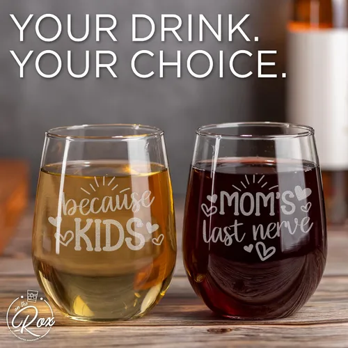 Miniatura 6 de On The Rox Drinks Regalos de vino para mamás – Juego de 2 copas de vino sin tallo de 17 onzas «Because Kids and Mom's Last Nerve», regalos 2 piezas