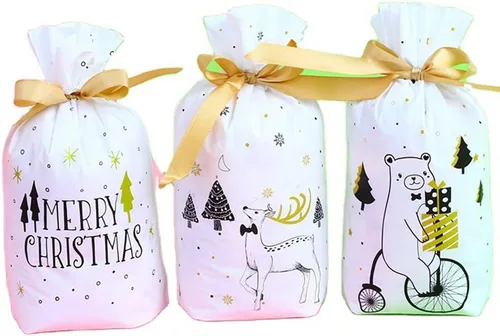 Miniatura 5 de Zsail Bolsas de regalo de Navidad, 50 unidades, galletas de caramelo, bolsas de regalo de plástico con cordón para envolver bodas y fiestas