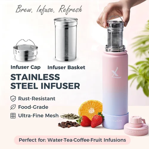 Miniatura 4 de Lexlion Botella de Agua con Infusor de Té 32 Oz – Termo de Acero Inoxidable con Triple Pared Aislada, Colador para Hojas Sueltas y Frutas, 3 Tapas a