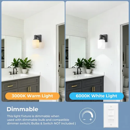 Miniatura 7 de Juego de 2 apliques de pared para baño, lámpara de tocador de baño negra, apliques de pared modernos para interiores con vidrio esmerilado cuadrado