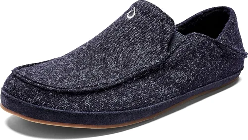 OLUKAI Moloa Hulu - Pantuflas de mezcla de lana para hombre, zapatos de punto suaves y jaspeados, zorros de piel de gamuza, diseño de tacón caído