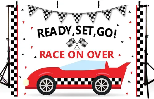 Miniatura 2 de MEHOFOND Telón de fondo de fiesta de cumpleaños de coche de carreras, accesorios para niños, enciende tus motores, carreras sobre negro y rojo