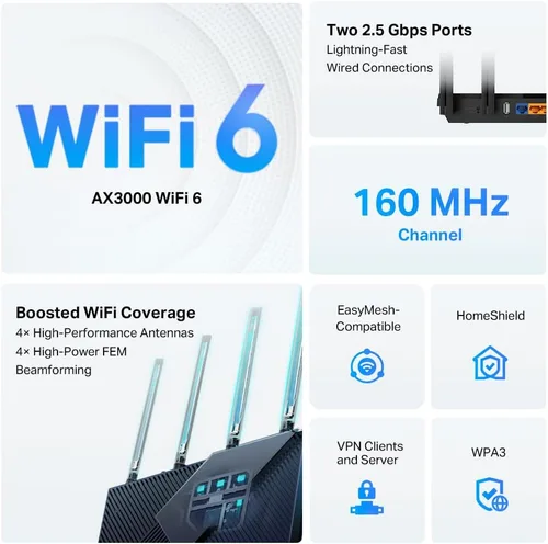 Miniatura 2 de TP-Link Router WiFi 6 AX3000 (Archer AX55 Pro) - Internet inalámbrico Multi Gigabit, 2 x puertos de 2.5 Gbps, banda dual, router VPN, OFDMA