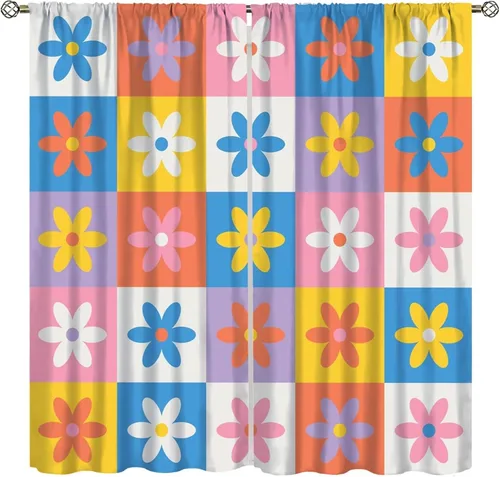 Cortinas de ventana de flores de los años 70, vintage, lindo, colorido, abstracto, floral, para niñas, niños, dormitorio, baño, sala de estar, juego