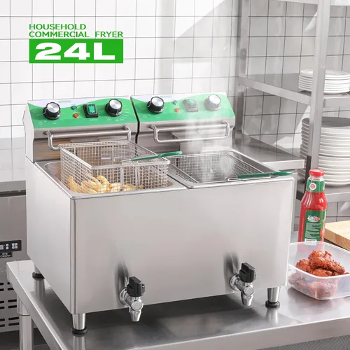 Miniatura 2 de NUPANT Freidora comercial de 25.3 cuartos de galón / 24 litros con filtración de aceite y temporizador, freidora eléctrica con 2 cestas y tapas