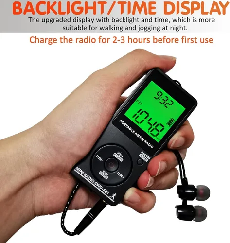 Miniatura 2 de Mini radio portátil personal AM/FM con pantalla LCD de sintonización digital y tiempo de retroiluminación, radio de bolsillo recargable SWDSTP