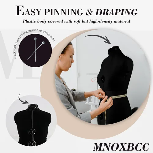 Miniatura 2 de formas de vestido para costura, maniquí femenino negro ajustable talla 12-18, cuerpo de modelo con capacidad de engrapado con 13 diales y guía