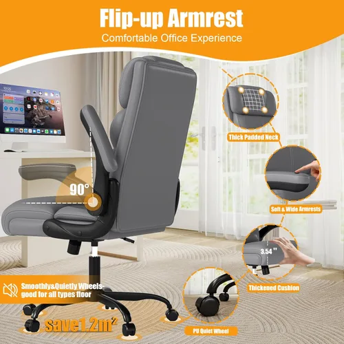 Miniatura 6 de Silla de oficina ejecutiva con reposabrazos abatibles, sillas ergonómicas de escritorio para computadora, silla de oficina de cuero con respaldo Gris