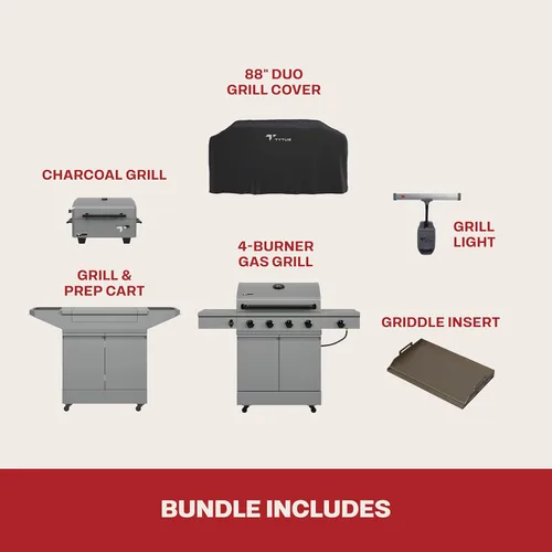 Miniatura 7 de Tytus Anaheim 4-Burner Gas Grill with Prep Cart and Charcoal Grill + Cover, Light, Griddle Insert - Modular Outdoor Kitchen, Quick Assembly, Outdoor