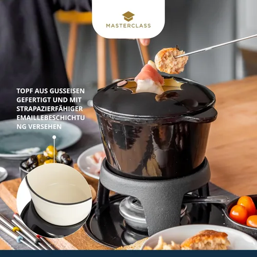 Miniatura 6 de MasterClass - Juego de fondue de hierro fundido, 8.3 x 7.1 in, para queso, chocolate y carne, esmalte recubierto con quemador y 6 tenedores
