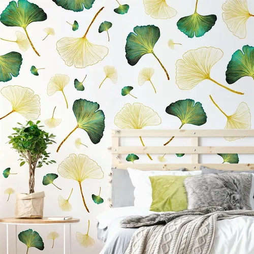 Miniatura 5 de Calcomanías de pared de hojas doradas, calcomanías de pared de hojas verdes, calcomanías de pared modernas para dormitorio, sala de estar, Oro