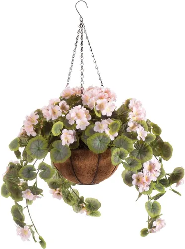 OakRidge Miles Kimball - Cesta colgante de geranio artificial totalmente montada, 10 pulgadas de diámetro y cadena de 18 pulgadas, diseño de flores