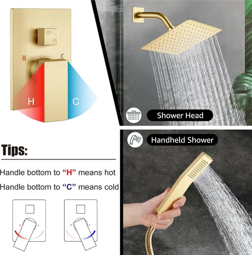 Miniatura 4 de Midanya Juego de grifo de ducha, sistema de ducha de montaje en pared con cabezal de ducha de lluvia cuadrado y rociador manual, cuerpo de válvula