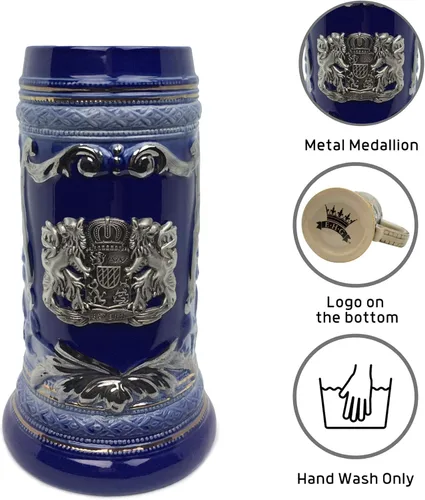 Miniatura 2 de OktoberfestHaus - Taza de cerveza con escudo de armas del Bayern alemán, escudo de armas con emblema de metal sobre jarra de cerámica azul cobalto