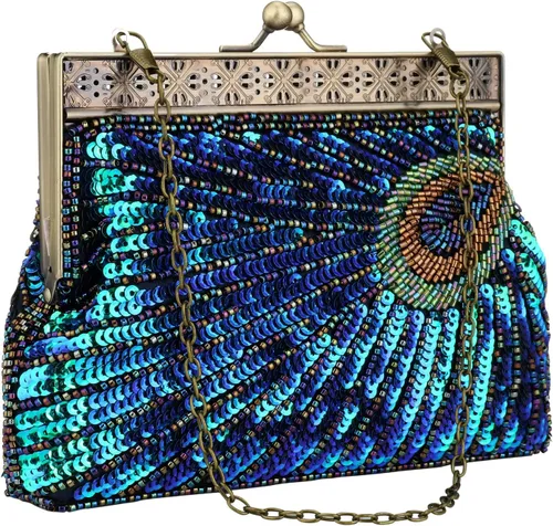 Bolso de noche vintage de lentejuelas con cuentas de pavo real, bolso de boda para fiesta de los años 20 Azul (Peacock Blue)