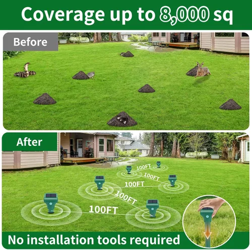 Miniatura 3 de Repelente de topos alimentado por energía solar, paquete de 8 repelente ultrasónico de gopher IP65 impermeable para césped, jardín y patio