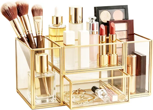 Miniatura 9 de JIARI Organizador de maquillaje de cristal con cajón, caja de exhibición de joyas con marco de latón dorado, almacenamiento de cosméticos