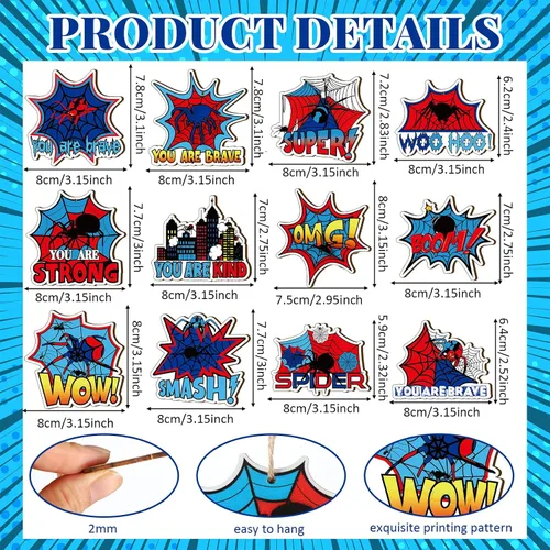 Miniatura 3 de Yookeer 24 adornos de araña, adornos de madera de telaraña roja y azul, con cuerda colgante, decoración de fiesta de héroe para árbol y decoración