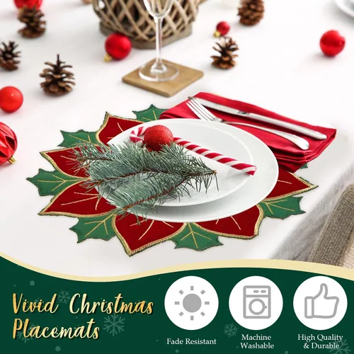 Miniatura 6 de Breling Juego de 6 Manteles Individuales de Navidad de Poinsettia de 16 Pulgadas Redondos Rojos y Verdes con Flores de Poinsettia, Manteles de Mesa