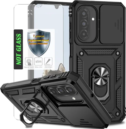 Funda para Galaxy A26 con cubierta para lente de cámara, protector de pantalla HD, protección contra caídas de grado militar, soporte de anillo