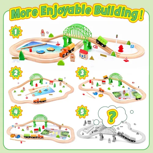 Miniatura 3 de Juego de tren de madera de 61 piezas para niños pequeños de 3 a 8 años, pista de tren expandible de doble cara con rompecabezas y juguetes de pesca